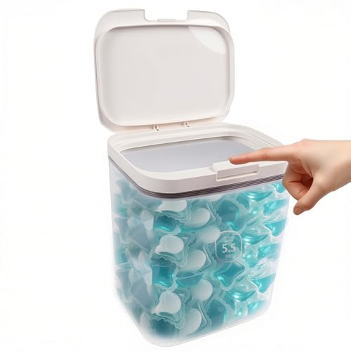 ZoeQide Waschmittelbehälter 5,5 L, Waschpulver Aufbewahrungsbox mit Deckel | Luftdichte Aufbewahrung für Pods, Pulver und Tabs, transparenter Kunststoffbehälter mit Pop Up Deckel für Waschraum oder Bad