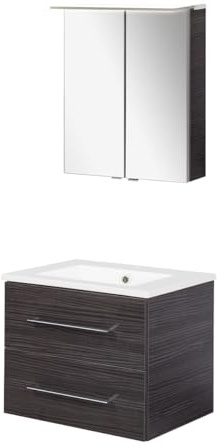 FACKELMANN B.Perfekt 3-teiliges Badmöbel-Set – Modernes Design in Dark Oak Holzoptik, inklusive Waschtisch, Spiegelschrank mit LED & Keramikbecken – Made in Germany