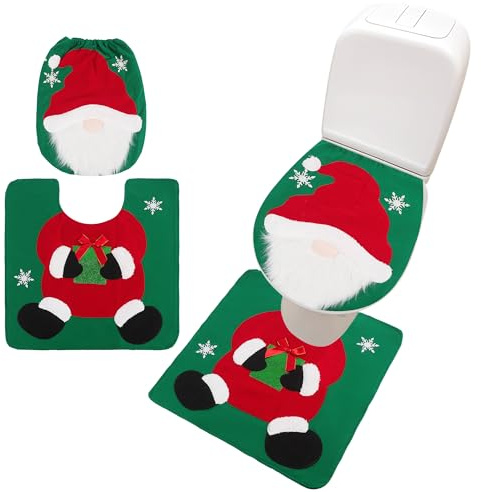 Wsetyy 2PCS Christmas Toilet Seat Cover Set, Festive Snowman Bathroom Mat and Lid Cover, Soft Warm U-Shaped Toilet Rug, Washable Christmas Decor (Green)