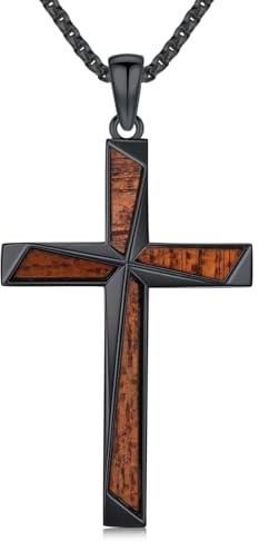 KQ&TTENG Holz Kreuz Halskette für Herren 925er Sterling Silber Walnuss Schwarz Halskette Hypoallergen Religiöser Anhänger Schmuck für Herren und Damen