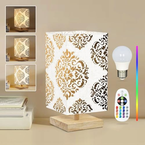 Square Table Lamp for Bedroom Gold white damask seamless Elegant classic texture Luxury ornament Beside Lamps Desk lamp with Wood Base Nightstand Lamps for Nursery Living Room Home Decor