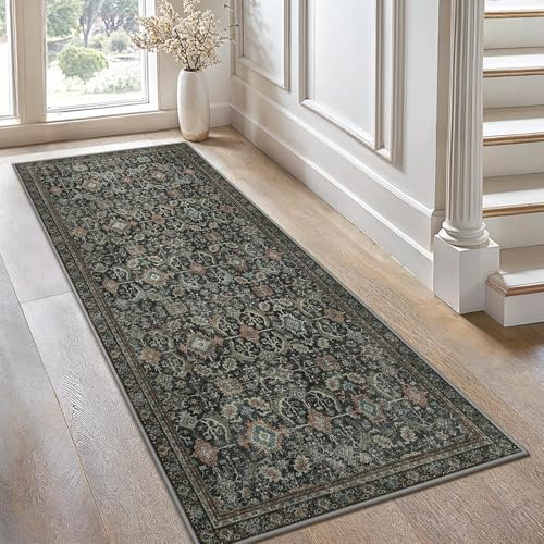 GENIMO Vintage Läufer Flur Teppich 80x200 cm Waschbar Antikes Graubraun | Boho Orientteppich, Rutschfest Kurzflor Weich Carpet, Teppiche läufer für Küche, Treppe, Balkon, Wohnzimmer