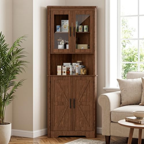 BonVache Armario de esquina alto y estrecho para el baño con 2 puertas y 5 estantes, armario de almacenamiento para cocina, dormitorio, sala de estar, estante de esquina de 170 cm, marrón