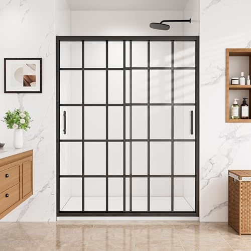 chunnwin Black Grid Sliding Shower Door 56 - 60 W x 76 H, Double Sliding Framed Shower Door 6mm (1/4) Tempered Glass Adjustable Width Grid Pattern Bathroom Enclosure, Matte Black