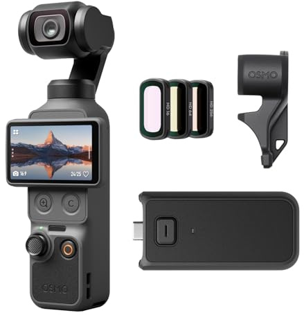 DJI Osmo Pocket 4 Travel Combo, Pocket Gimbal Vlog Camera, 1″ CMOS & 4K/240fps, 3-Axis Stabilization, 2× Lossless Zoom, 107GB Built-in Storage, 2 Rotatable Screen, Battery Handle, ND Filters