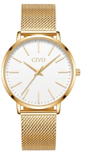 CIVO Gold Edelstahl Armbanduhr Damen: Analog Große Zifferblatt Damenuhr