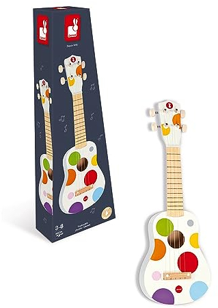 Janod - Confetti Ukulele aus Holz - Musikinstrument für Kinder - Youkulele- Rollenspiel und Musikalische Früherziehung - Wasserfarbe - Ab 3 Jahren, J07652