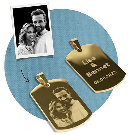Diamandi Dog-Tag Kette mit Foto-Gravur I Ihr Bild + Text gravieren Gold Ketten-Anhänger