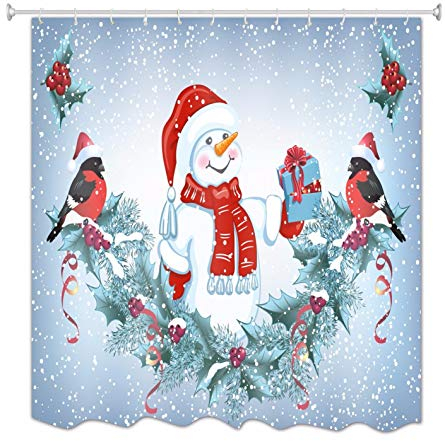 A.Monamour Duschvorhänge Dompfaff Vögel Kiefernkranz Schneemann Mit Geschenkschachtel Weihnachten Urlaub Druck Wasserdicht Polyester Tuch Stoff Duschvorhänge Fenster Vorhänge 150X180 cm