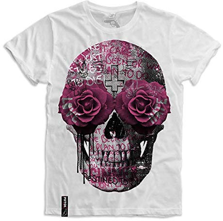 Pistol Boutique Hommes Blanc Fixe Roulé Manches Col Rond Crâne Rose Yeux Croix Ailes T-Shirt Ajusté - Blanc, M