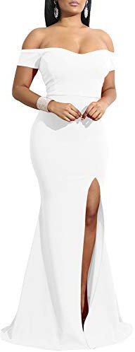 YMDUCH Damen Schulterfrei High Split Lange Formale Party Kleid Abendkleid, Weiss/opulenter Garten, Groß