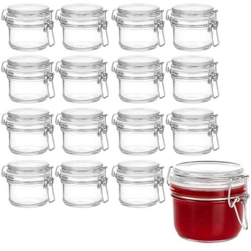 gouveo 16er Set Vorratsglas 120 ml (0,12 l) Vorratsglas 120 ml mit Bügelverschluss Drahtbügelverschluss mit Deckel, kleines Aufbewahrungsglas für Gewürze, Kräuter, Aufstriche (BGR120)