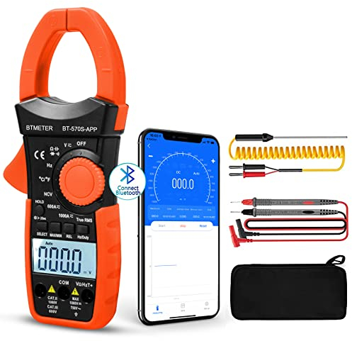 BTMETER Digitales Stromzangen Multimeter BT-570S-APP mit Bluetooth, 6000 Zählungen TRMS Stromzangen Amperemeter mit auto Bereichswahl Spannungsprüfer Misst AC DC Volt Ampere Ohm NCV Temp kapazität