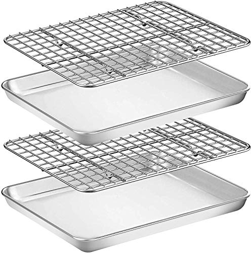 Baking Sheet & Rack Set, Stainless Steel, Checkered Pattern, 10 x 8 x 1 inch, 2 Sheet + 2 Rack, Oven Safe, Non Toxic, Heavy Duty, Easy Clean