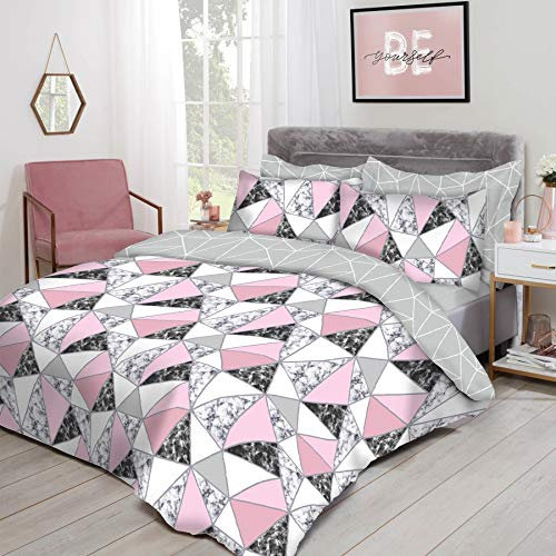 Dreamscene Marble Geometric Duvet Cover with Pillow Case Bedding Set Reversible Shapes, Grey Blush Pink - Single