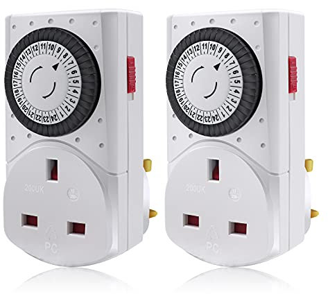 EXTRASTAR 24 Hour Mechanical Segment Timer Switch, 13A/3120W Energy Saving UK Plug-in Timer Socket with Programmable Time Controller for Lights, Coffee Machine, Home Appliances (2 Pack)