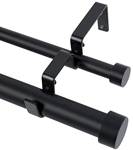 OLV Black Double Curtain Rod, 1 Inch Dual Curtain Rods for Windows 36 to 72 Inch, Heavy Duty Adjustable Telescopic Spliced Window Treatment Rods Set for Living Room Farmhouse