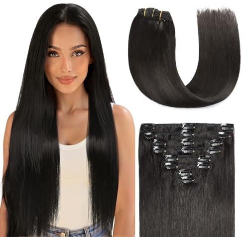 Sunya Clip in Extensions Echthaar Natürliches Schwarz 35cm 110g 8 Stück | Invisble Glatt Haar Skin Weft, Für Feines, Normales Haar, Remy Echthaar,Clip-In Extensions, Mehr Volumen