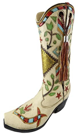 Ebros Gift Rustic Western Country Faux Tooled Leather Cowgirl Boot With Crosses Green Arrow Twigs And Tassel Frills Decorative Bouquet Vase Or Planter Figurine 12 H Southwestern Centerpiece Accent