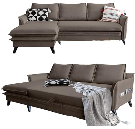 MIUFORM Charming Charlie, 4er Ecksofa mit Schlaffunktion, Links, Taupe | Schlafsofa mit Bettkasten und Bettfunktion, 4 Sitzer Sofa L Form, 228x150x90cm, Couch mit Schlaffunktion, Sofa Bed Klappbar