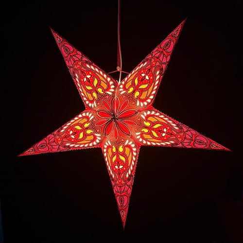 MoreThanHip Ganesha Faltbarer Weihnachtsstern Rot - Ø60 cm - FSC Papierstern zum Aufhängen 3D Weihnachtsdeko Adventsstern für Weihnacht Fensterdeko - Inkl. Beleuchtungskabel 3 Meter (ohne Lampe)