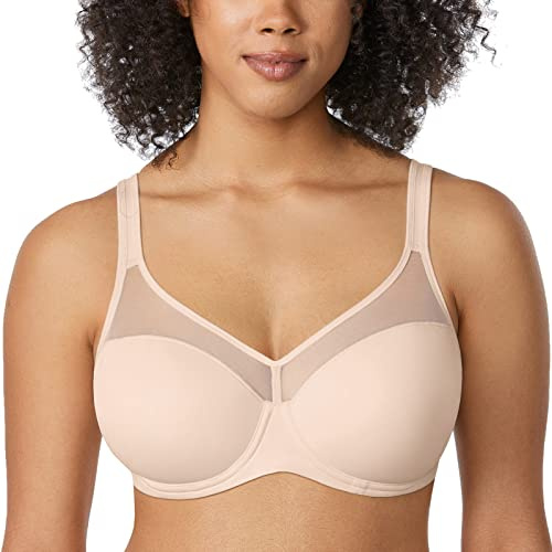 DELIMIRA Women's Full Coverage Lightly Padded Bra Underwire Mesh Support Comfort T Shirt Bra Beige 38C