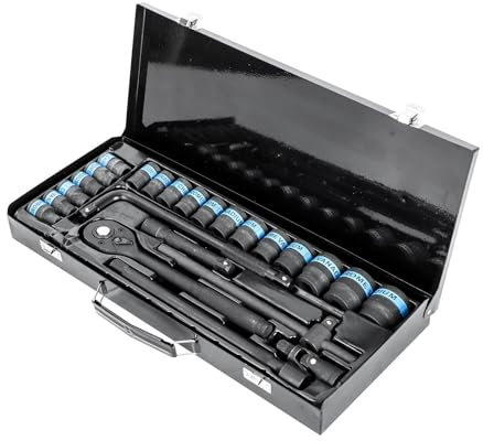 Youyijia Socket Wrench Set 1/2 inch Ratchet Socket Set 8-32 mm Nuts Tool Set Universal Drive Socket Set Pass Through Socket Set 1/2'' Alloy Steel Deformation Resistant Ratchet Mechanism, Black