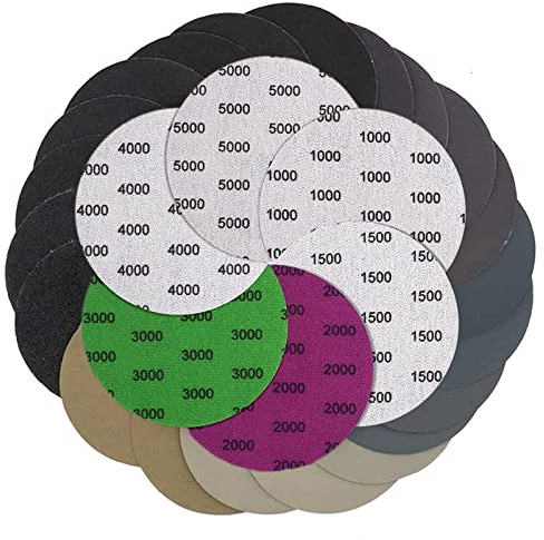 60 Stück Schleifpapier 75mm Klett，Runde Schleifscheiben 1000/1500/2000/3000/4000/5000 Sortiert Grits Nasse Trockene Schleifscheiben Exzenterschleifer Schleifpapier für Auto Metall Holz