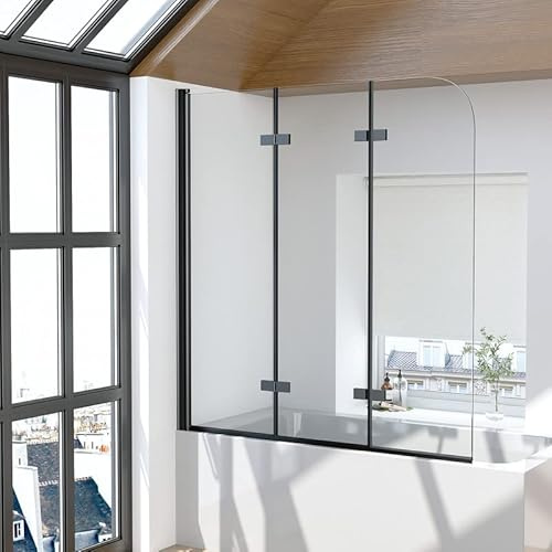 Duschwand für Badewanne 3-teilig 130x140cm Schwarz Duschabtrennung, Faltbar Glas Badewannen Badewannenaufsatz 6mm EGS Sicherheitsglas mit Nano beschichtung, Duschtrennwand Trennwand Badewannenwand