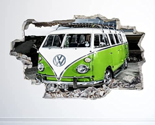 Volkswagen VW Camper Wandsticker 3D-Look – Schlafzimmer-Lounge-Stadt Wandaufkleber 55x80cm, Vinyl, Wasserdicht, für Wände, Möbel, Türen, Fenster, Fliesen, Spiegel, Grün, 3D-Design, Wandsticker