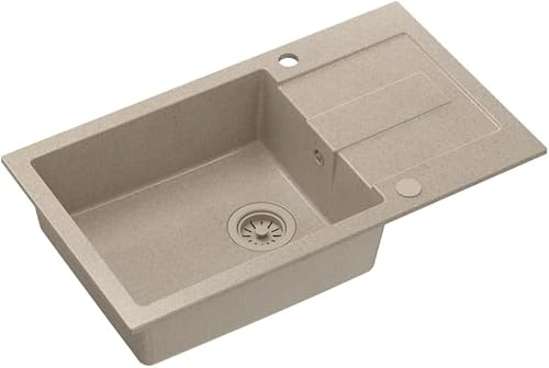 QUADRON Fregadero Beige | tamaño 78 x 45 x 18,5 cm | fregadero de granito CHRISTIAN 136 XL fregadero de cocina de un seno | con sifón manual y escurridor | fregadero de encastre de 1 seno