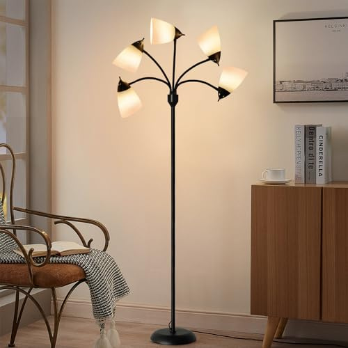Depuley Moderna LED-golvlampor, golvlampor med 5 huvuden med justerbar svanhalsarm, metallgolvlampor för vardagsrum, sovrum, 5 lampskärmar vit, svart, bas E26