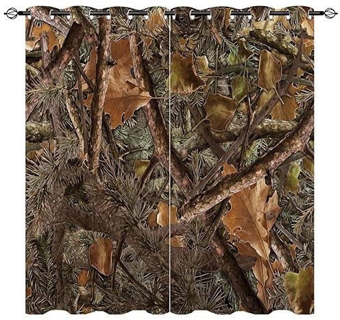 YUANZU Wald Tarnung Vorhänge Nadelbaum Eiche Zweige Jagd Ösen Gardinen mit Blickdichte Vorhang Kälteschutz Blackout Curtain Wohnzimmer Schlafzimmer Verdunkelung Fenster, 2 Stück, H 245 x B 200 cm