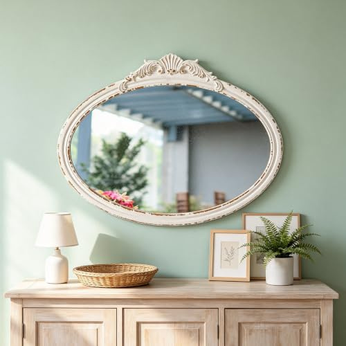 Ovaler Vintage-Badezimmerspiegel für Waschbecken, 61 x 45,7 cm | Wandaufhängung, antiker Arendahl-Spiegel für Schlafzimmer, horizontal, Used-Look, Holz, Barockspiegel für Wohnzimmer