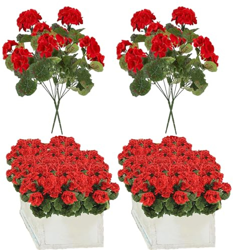 RXMORI 4 Stück Künstliche Geranien, Seidenblumen, Pflanzen, Geranienbusch, rote Geranien, Kunstseide, Geranien, Blumenarrangements für den Außenbereich, Pflanzgefäß, Dekoration