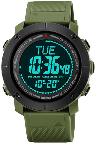 Militär Herren Uhr Kompass Digitaluhr Herren 5ATM Wasserdicht LED Große Digital Armbanduhr Herren Weltzeit 3-Wecker 12/24H Outdoor Sportuhren Männer Tactical Watch Coutdown Stoppuhr Jugendliche