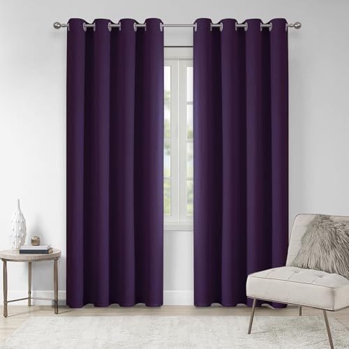 VEHEDE Blackout Thermal Insulated Bedroom Soft Curtains, Eyelet Light Blocking Curtain for Living Room, 63 Inch Drop Window Curtains for Nursery, W46 x L63 Inch, Purple, 2 Panels