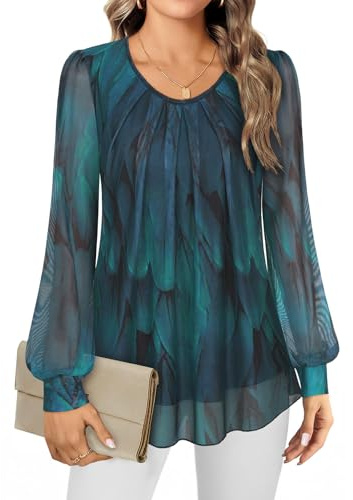 Gemulate Crew Neck Ladies Tops Double Layer Ladies Long Sleeve Top Peacock Blue Chiffon Tops for Women UK Evening Top for Women UK Elegant Flowy Blouse - Peacock Blue, L