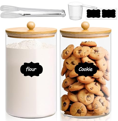 ComSaf 1 Gallon Cookie Jar, Large Glass Jar with lid, Glass Canisters with Lids Set of 2, 3.9 Qt Flour Container with Spoon and Clip, Glass Food Storage Pantry Containers for Sugar Oat Beans Pasta