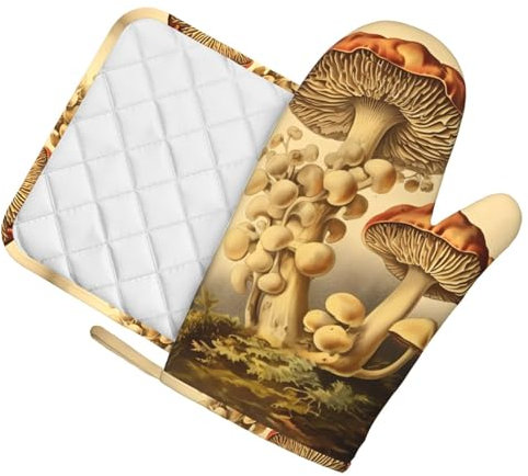 Ofenhandschuhe und Topflappen, 2-teiliges Set, Ofenhandschuh zum Kochen, Vintage-Pilze, Ofenhandschuh, hitzebeständig, Küchenhandschuhe und heiße Pads, rutschfeste Kochhandschuhe zum Backen, Küche,
