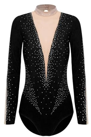 NUOYIXUAN Gymnastik-Overalls for Frauen, Ballett-Tanz-Trikot, durchsichtiges Netz, Patchwork, langärmeliger Bodysuit, Femme, Yoga, Eiskunstlauf-Overall(Black,L)