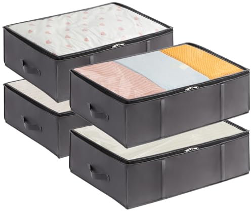 Lifewit 4 Pack 40L Under Bed Storage, Underbed Storage Boxes with lid Clothes Storage Bag Wardrobe Storage Organiser with Reinforced Handle, PVC Window for Duvet, Blanket, Clothing, Shoes, Grey