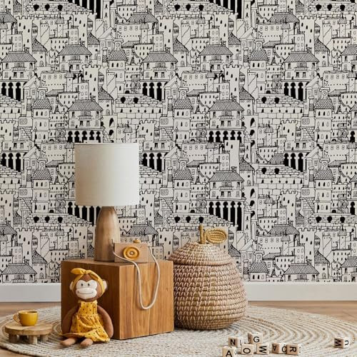 YarnAdventures Retro-Landschaft Tapete Selbstklebend PVC Folie,Schwarz-Weiß-Stadt,Wand Tapeten für Arbeitsplatte Küchenschränke Schlafzimmer Dekofolie für Garderobe Tisch,40x250cm