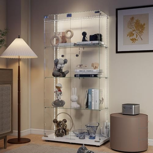 Aplancee Glasvitrine Standvitrine Weiße mit LED & Rollen- 4 Glasböden 2 Türen 164 * 36.3 * 80.5cm rahmenlose Vollsicht Vitrine, Vitrinenschrank für Wohnzimmer, Büro, Buch Sammlerstücke Wein