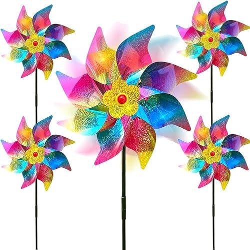 5 Piezas Molino de Viento, Espanta Palomas Wind Mill Repellers Anti-Reflective Birds,Reflective Bird Control,Repelente Pajaros Exterior (Rainbow)