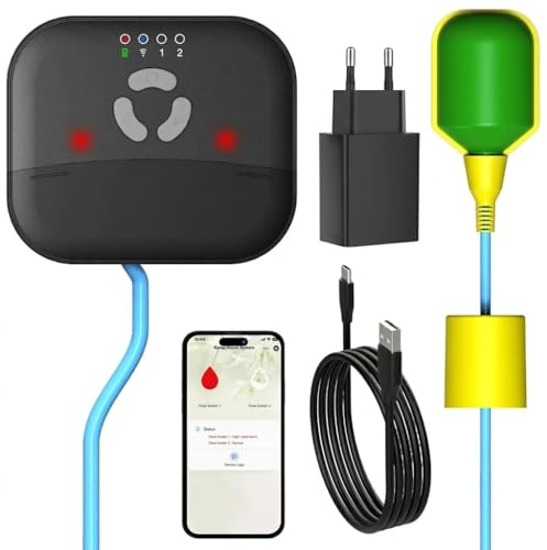 LUCKYDUO Allarme per pompa sommersa WiFi, alto/basso, 110 dB, IP65 | Allarme per pompa sommergibile con notifica app, sirena da 110 dB, LED, galleggiante da 3 m, impermeabile IP65, per cantina