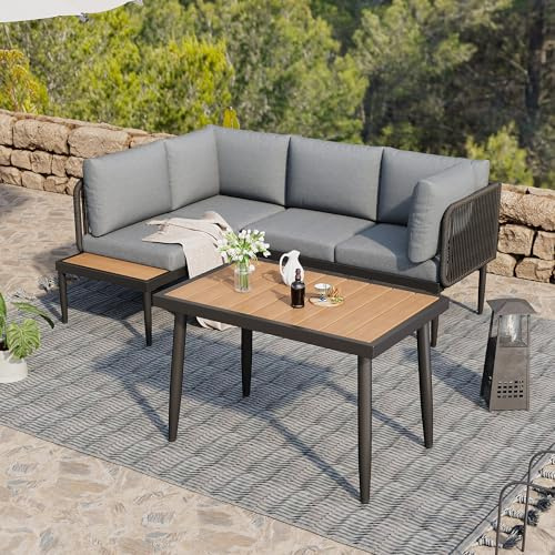 Dolamaní Balkonmöbel Set Klein mit Ecksofa + Esstisch 3-4 Personen, Garten & Balkon verzinktes Stahlrohr Loungesof, Tischplatte Kunststoff Holz (Grau)