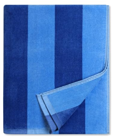 cabanana Large Beach Towel Oversized - Cotton Velour 35 x 70 Inch Blue Striped Terry Pool Towel, Cabana Soft Swimming Towel for Adults Women Men (Blue)