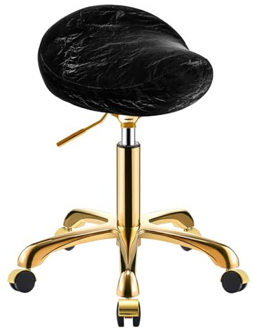 SCGSJZH Gold Sattelhocker mit Rollen, Professionelle Rollhocker Höhenverstellbar, PU Leder Drehhocker, Salon Spa Kosmetik Hocker, Ergonomisch Sattelstuhl (Schwarz, ohne Rückenlehne)