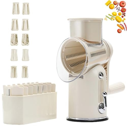 Qixfyze Hachoir Râpe 5 en 1 Ultimate Kitchen Ally, Hachoir à Manivelle 5 en 1, Râpe à Fromage Preservia Gourmet, Batteur sur Socle à Mandoline for Cuisine avec Boîte De Rangement for Lames(Beige)